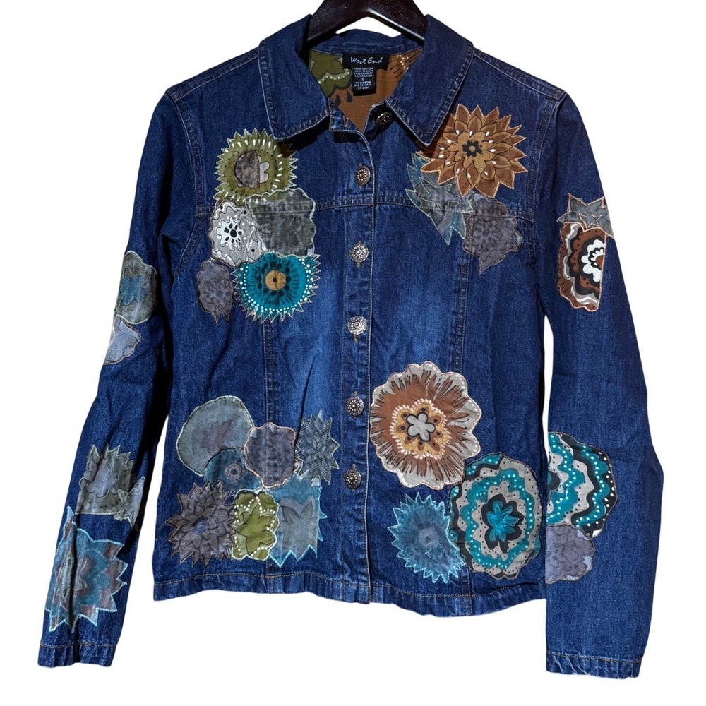 Vintage Y2K West‎ End Floral Patch Denim Jacket Size Small Unique Boho
